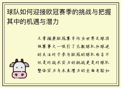 球队如何迎接欧冠赛季的挑战与把握其中的机遇与潜力